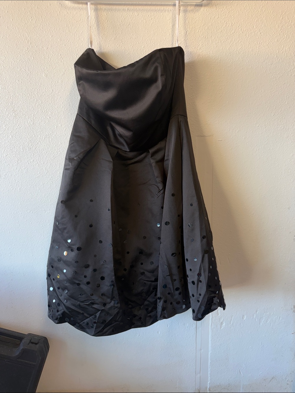 David's Bridal Strapless Black Satin A-Line Dress with Sequins